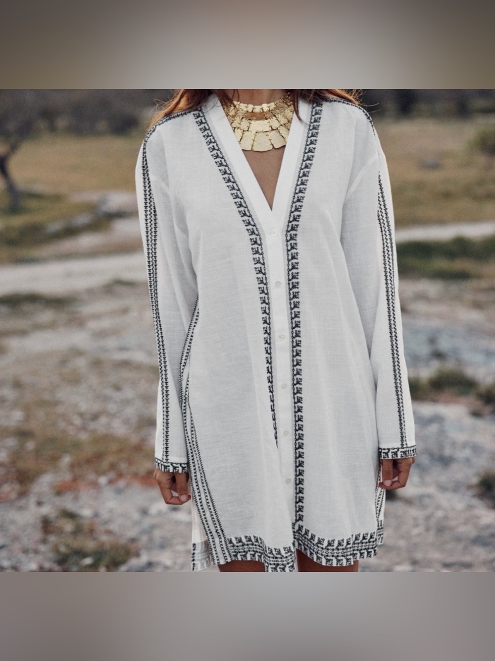 Zara Embroidered Tunic Dress in Oyster White featuring contrast black embroidery